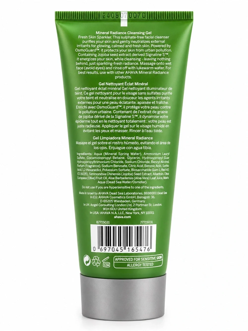 AHAVA Mineral Radiance Cleansing Gel 3.4 oz Face Cleanser Dead Sea Minerals